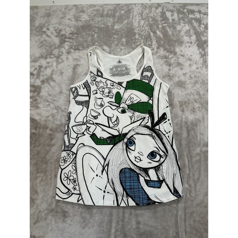 Disney Store Alice in Wonderland Tank Top Womens Size Small White Mad Hatter EUC